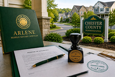Chester County mobile notary signing appointment with Pennsylvania notary stamp, legal documents, and emerald green branding