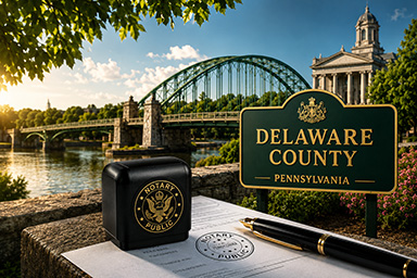 Delaware County mobile notary services with notary stamp, document, pen, and Pennsylvania county sign