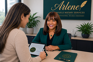 alt="Pennsylvania In-Person Electronic Notary IPEN signing appointment with client signing on electronic tablet while meeting face-to-face with Arlene Mobile Notary Services"