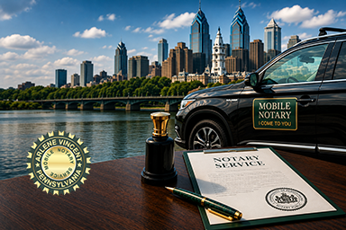 Mobile notary Philadelphia service with Pennsylvania notary stamp, emerald green pen, black SUV, and Philadelphia skyline.
