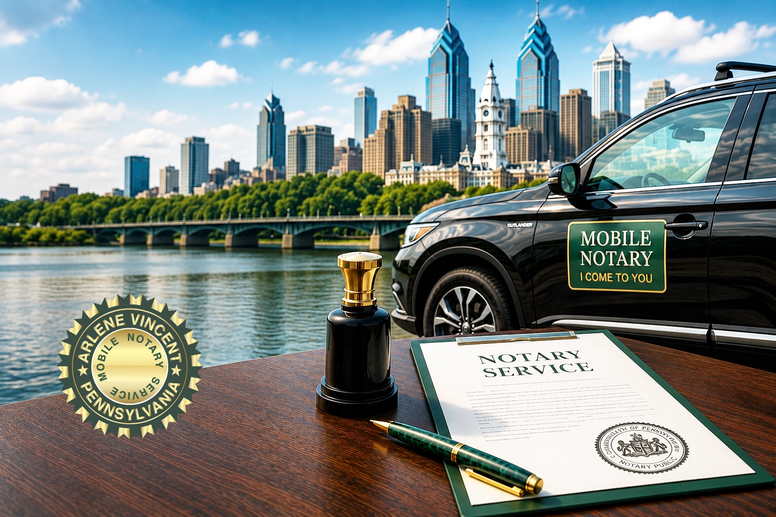 Mobile notary Philadelphia service with Pennsylvania notary stamp, emerald green pen, black SUV, and Philadelphia skyline.