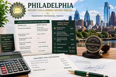 Philadelphia notary fees, mobile notary pricing, Pennsylvania notary fee schedule, Power of Attorney notarization, estate planning documents, and traveling notary services by Arlene Mobile Notary Services