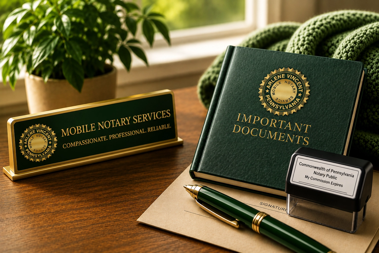 Nursing home notary services in Philadelphia featuring estate planning documents, Pennsylvania notary stamp, and professional mobile notary resources for seniors, families, hospitals, and assisted living facilities.