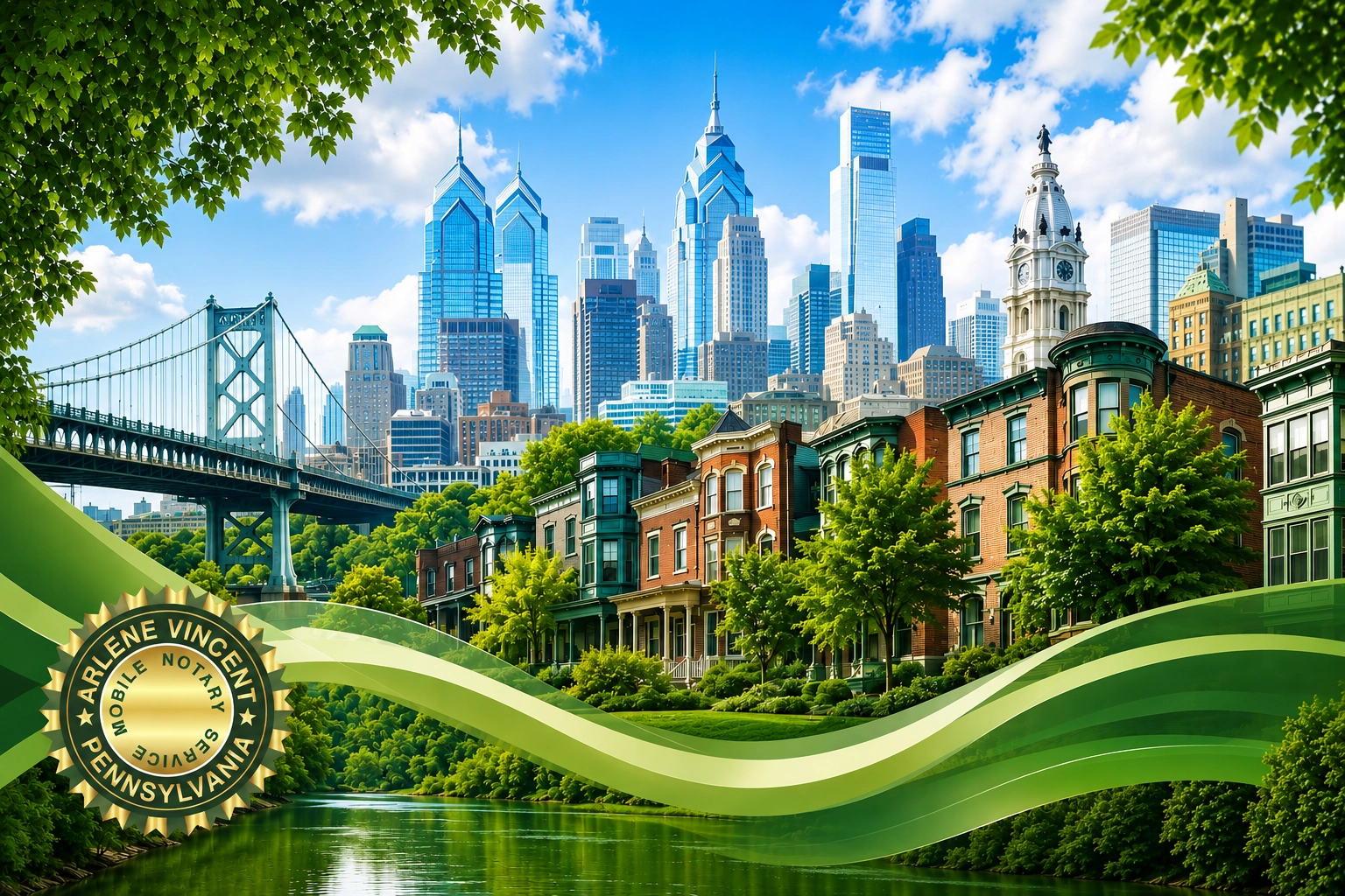 Philadelphia mobile notary appointment with Pennsylvania notary stamp, legal documents, and emerald green branding
