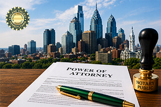 Power of Attorney document with notary stamp and emerald green signing pen representing mobile notary services for Power of Attorney notarizations in Philadelphia Pennsylvania