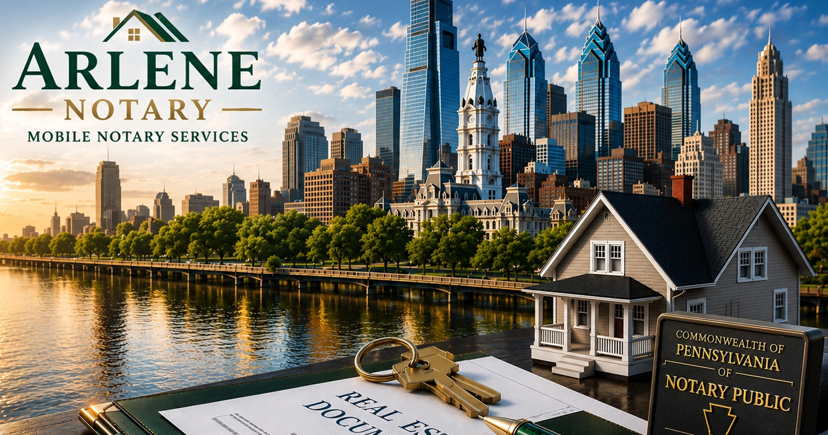 Real estate property notary services in Philadelphia Pennsylvania with documents, keys, emerald green pen, and Pennsylvania notary stamp