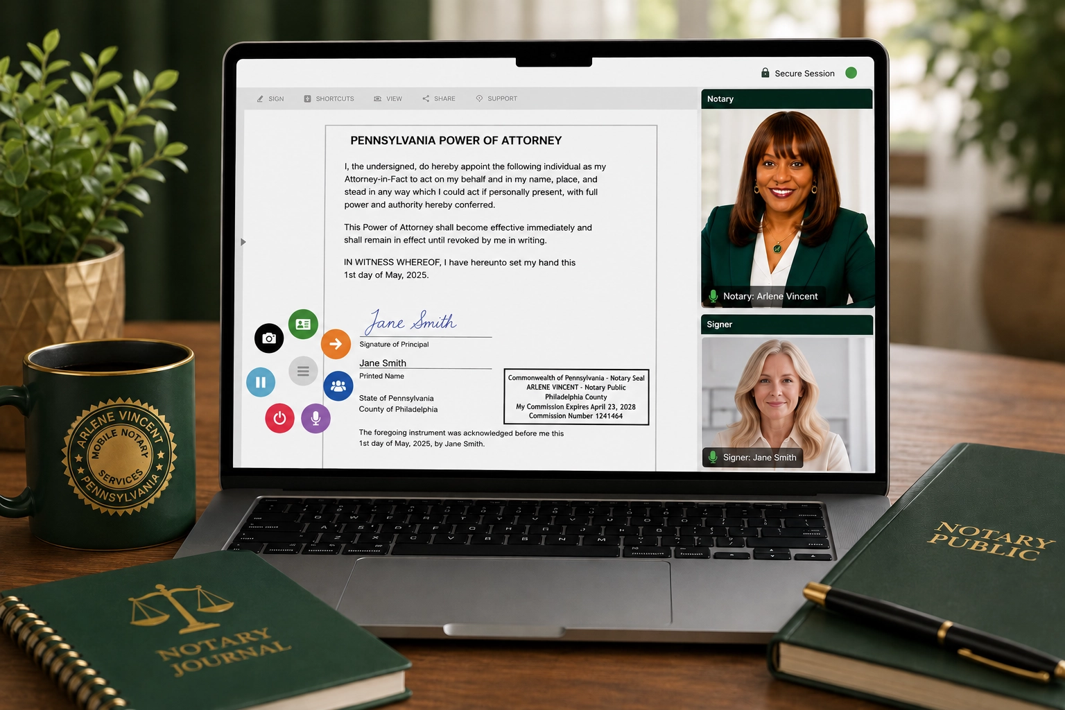 Remote online notary Pennsylvania video notarization on a secured platform and Pennsylvania notary stamp