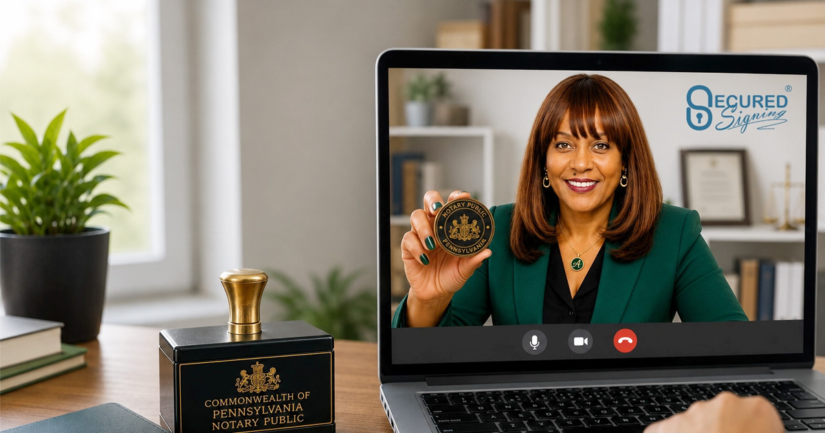 Remote online notary Pennsylvania video notarization with SecuredSigning platform and Pennsylvania notary stamp